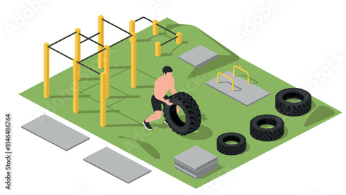 Outdoor workout park isometric design featuring tire flipping and fitness equipment