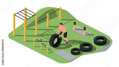 Outdoor fitness training with tires in isometric style