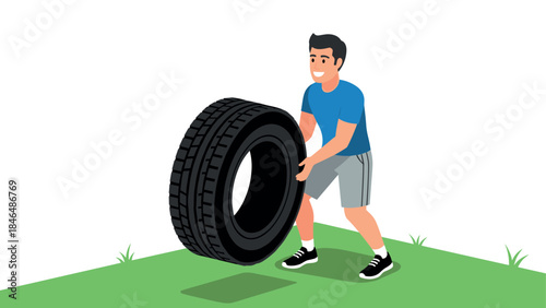 Man lifting tire in outdoor fitness training scene in flat style