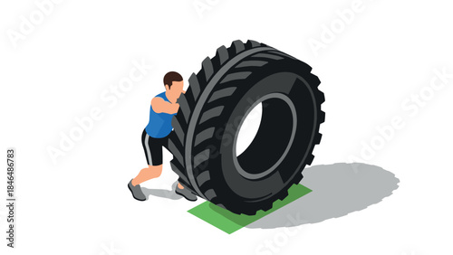 Athlete flipping heavy tire in isometric style for strength training and fitness