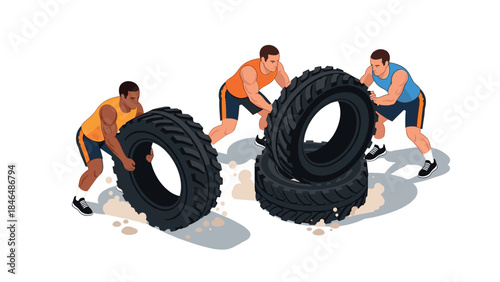 Three men engaged in tire flipping exercise in dynamic sportswear