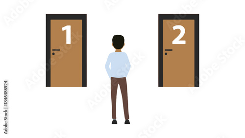 Man stands at a crossroads, facing two doors, symbolizing choice and decision-making.