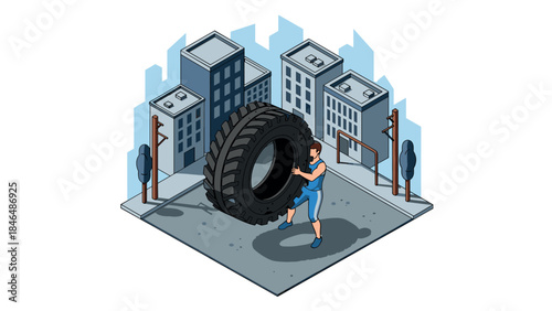 Isometric urban fitness: man flipping giant tire in city park scene
