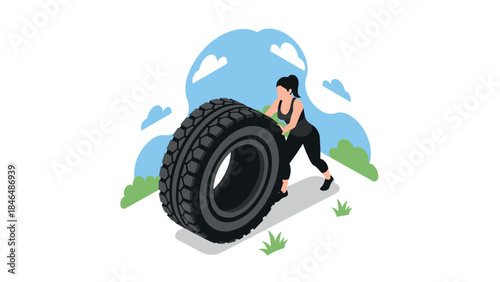 Woman exercising outdoors by flipping a large tire in modern isometric style