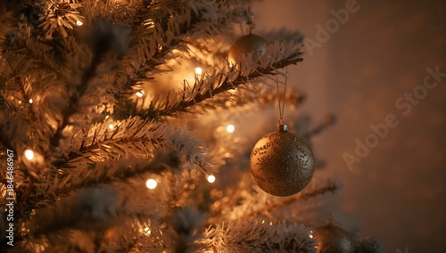 Hanging gold bauble catching warm lights on flocked branch at home, with hooks, baubles, copy space