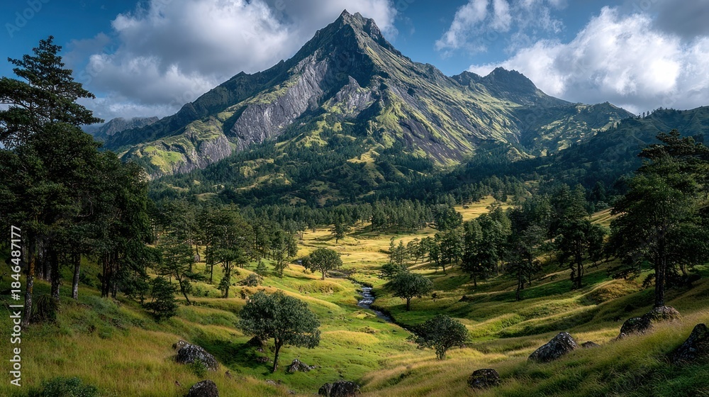 Fototapeta premium A volcanic mountain rising amid a mix of thick green forest and open grassy highlands, alive with wildlife
