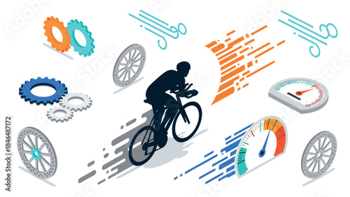 Isometric cycling speed concept with gears and speedometer elements