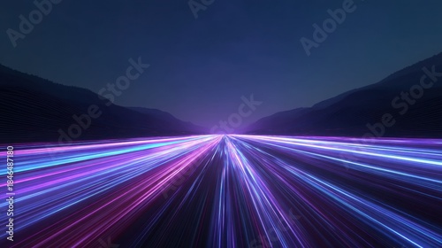 Abstract light trail landscape with vibrant colors, smooth lines, and futuristic vibe in a serene night backdrop