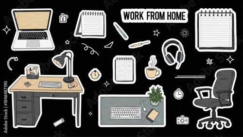 Modern Retro Halftone Work From Home Sticker Set on Black Background
