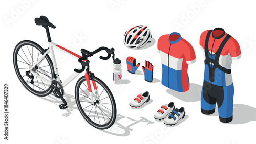 Isometric cycling gear collection: bicycle, attire, and accessories in red and blue