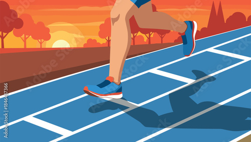 Sunset track running with runner's shadow in minimalist style