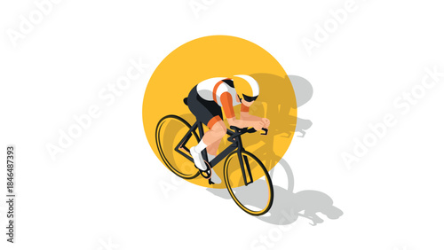 Cyclist racing against time in dynamic isometric art with yellow circle
