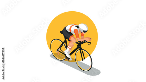 Cyclist in aero position against yellow circle background
