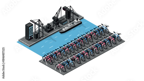 Isometric urban harbor with ship and bicycle parking