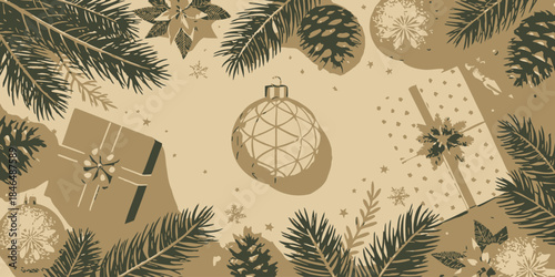 Vintage Christmas decorations with pine branches and gifts