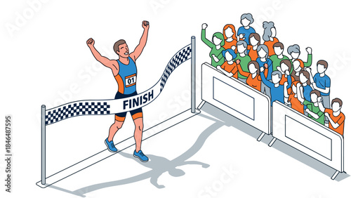 Marathon winner crossing finish line with celebrating crowd in isometric style