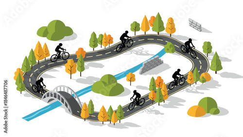 Cyclists enjoying scenic autumn ride on curved road in isometric landscape