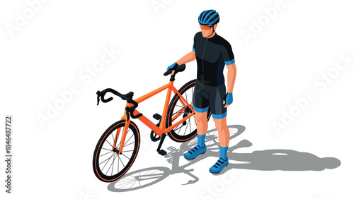 Cyclist in sportswear with bicycle in isometric style on white background