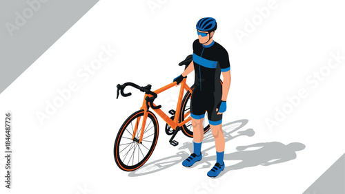 Isometric cyclist with orange bicycle on minimalist background