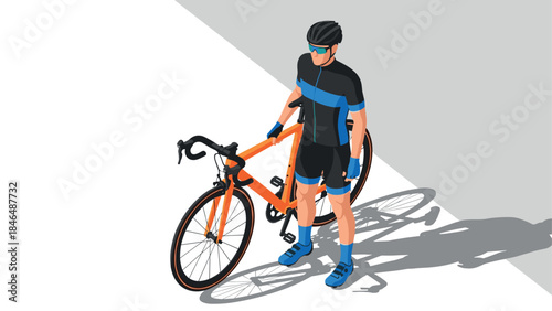 Isometric cyclist with bicycle in modern sportswear and helmet