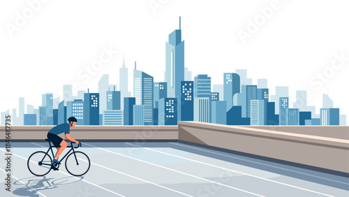 Cyclist on city rooftop path with urban skyline in background
