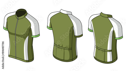 Cycling jersey design: green and white sports apparel in triple view