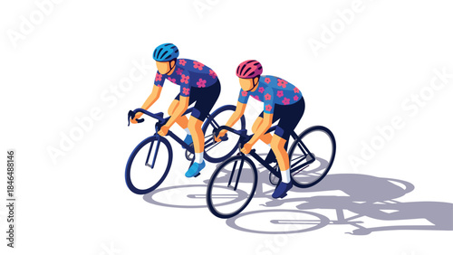 Colorful cyclists racing together with floral jerseys in dynamic motion