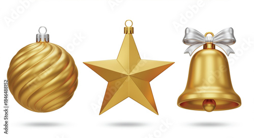 A set of three golden Christmas decorations: a textured bauble, a five-pointed star, and a bell with a silver bow, all presented against a pure white background.