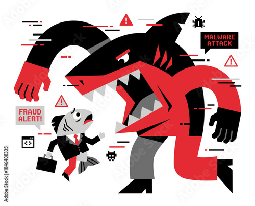 Beware of the cyber shark! A fish in a suit flees a massive, menacing shark in this digital security illustration