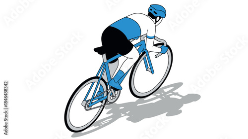 Cyclist in motion: dynamic isometric bicycle ride with blue accents on white background