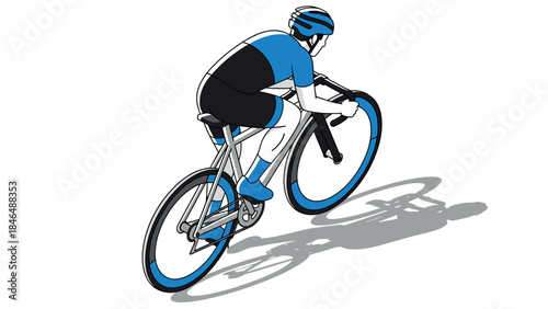 Cyclist riding a bicycle in dynamic 3d isometric style on white background