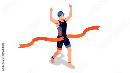 Triathlete celebrating victory with red ribbon in energetic race illustration