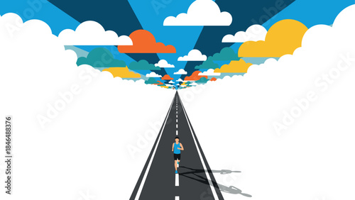 Runner on endless road under vibrant sky with colorful clouds