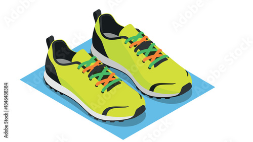 Bright yellow athletic shoes with colored laces on blue surface