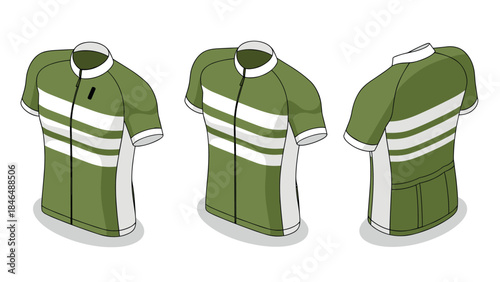 Green and white striped cycling jersey set in isometric style