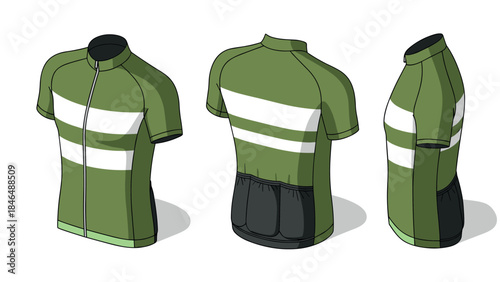 Green cycling jerseys with white stripes in multiple views