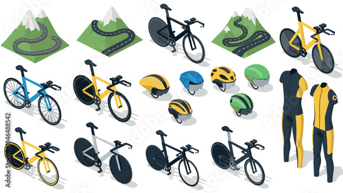 Isometric cycling gear and bicycles with mountain road elements for sports design