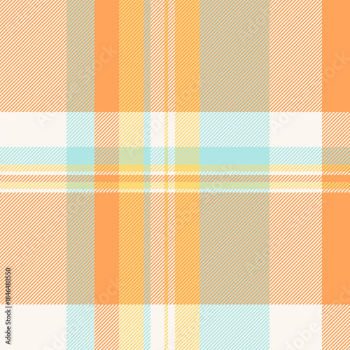 Room vector plaid fabric, poncho check texture background. Regular textile tartan seamless pattern in orange and sea shell colors.