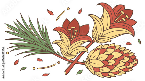 Floral and pinecone illustration isolated on transparent background