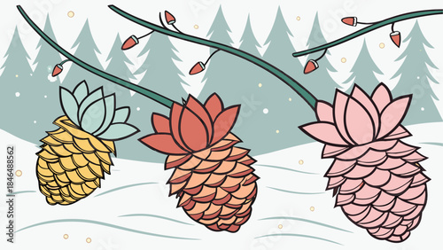 Colorful pinecones with floral designs isolated on transparent background