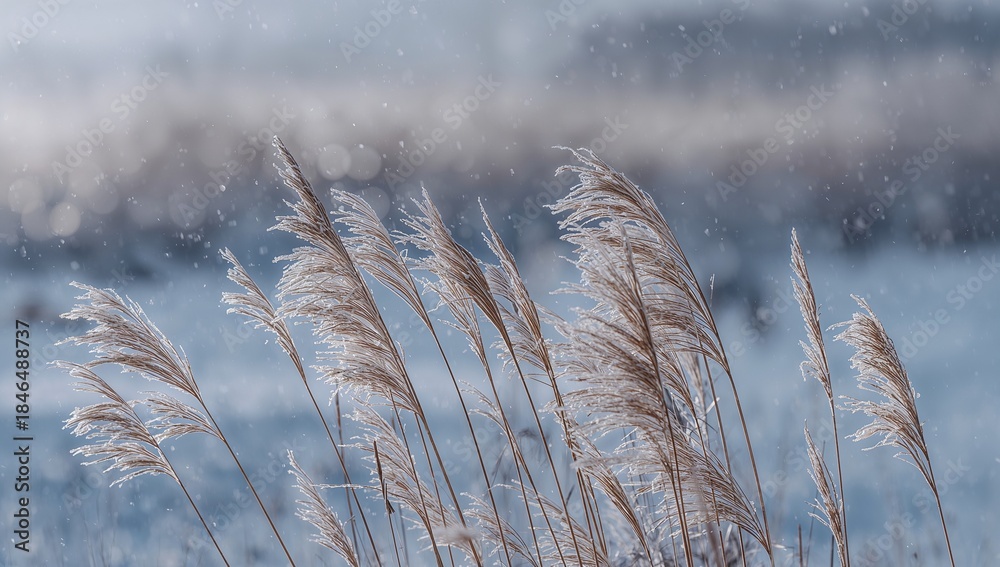 Obraz premium Showing frost-tipped reed grasses leaning right in frozen marsh, with falling snowflakes