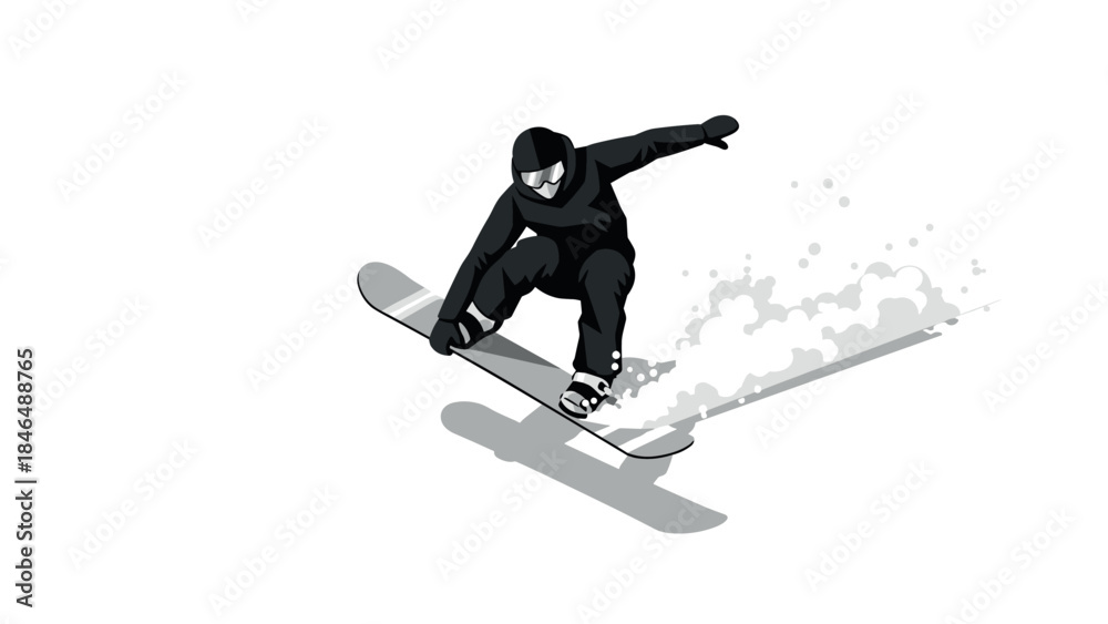Fototapeta premium Dynamic snowboarder in motion: monochrome silhouette capturing winter action