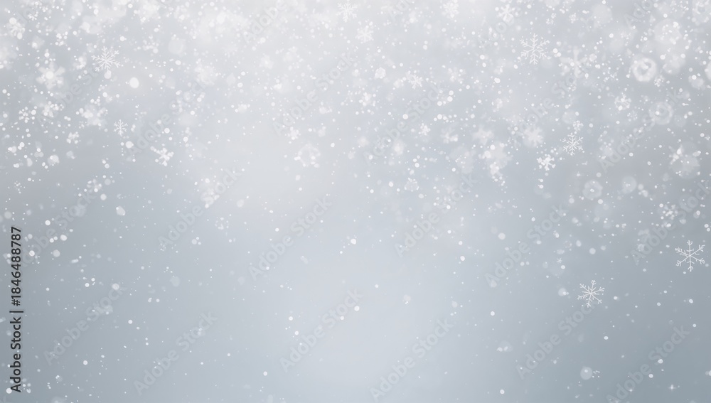 Fototapeta premium Falling white snowflakes creating outdoor overcast winter scene against grey gradient, with bokeh