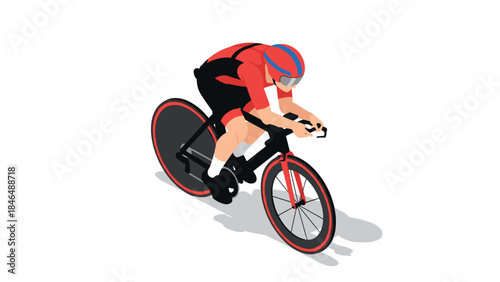 Cyclist racing in athletic gear with red bicycle on white background
