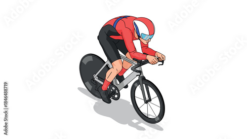 Cyclist racing in dynamic pose on modern bicycle in red and blue gear