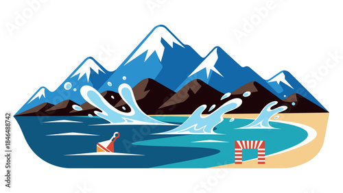 Mountainous coastline with splashing waves and snow-capped peaks
