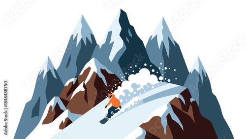 Snowboarder descending snowy mountain slope with snow-capped peaks in the background