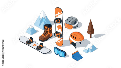 Isometric winter sports gear collection featuring snowboards and accessories