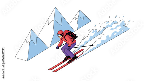 Mountain adventure: dynamic skier in snowy alpine landscape with minimalist design