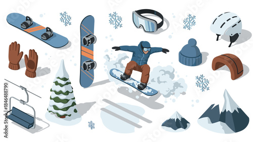 Winter sports adventure: snowboarding gear and scenic elements in isometric style